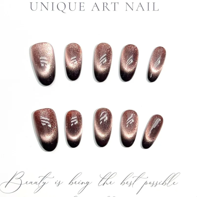 Handgefertigte mittellange Nägel zum Aufdrücken, blaue französische realistische Nagelspitzen, braune Katzenauge, künstliche Kunstnägel mit Box und Werkzeug – Detail 2