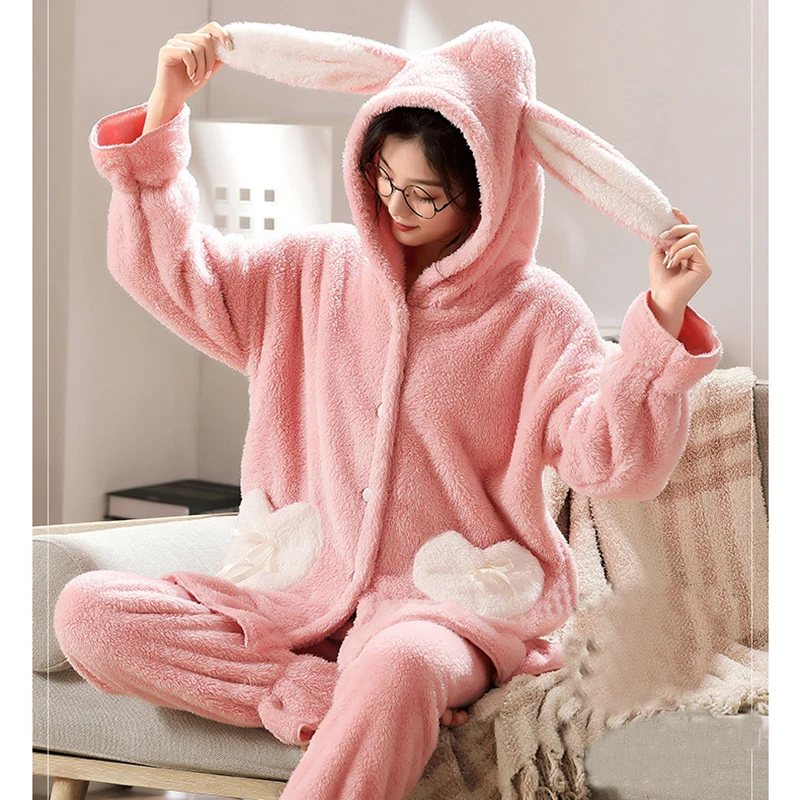 Sweet Lovely Pajamas Set Thick Warm Coral Fleece Homewear Winter Flannel Lounge Soft Plush Sleepwear Women Home Suit Pijama