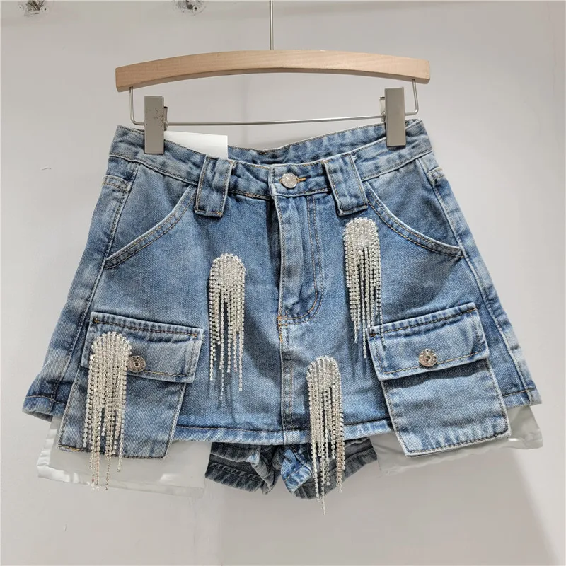 Luxury Women Diamonds Beaded Fringed Denim Jacket Rhinestone Tassels Jeans Coat Cowboy Cardigan Tops+A-line Half Skirt 2Pcs Set