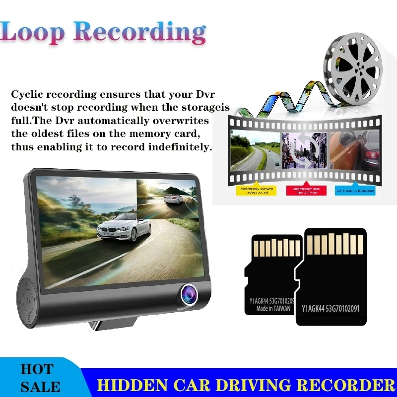 DashCam 차량용 DVR 카메라 3 대, 4 인치 FHD 1080P, 자동 비디오 녹음기, 듀얼 렌즈, 후면보기 카메라 포함, 나이트 비전 등록, 블랙 박스