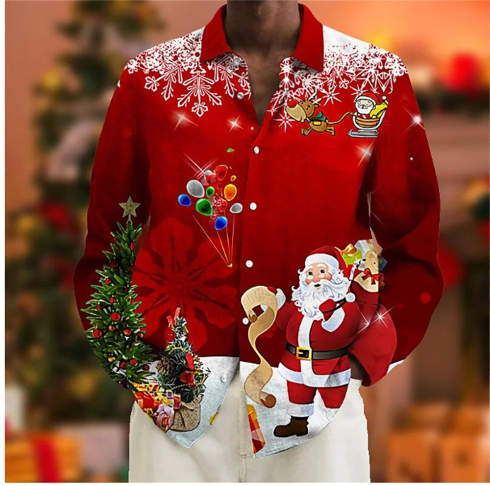 2023 New Christmas Gift Men's Long Sleeve Polo Neck Shirt 3D Printing Casual Holiday Party Clothing Plus Size Men's Shirt S-6XL