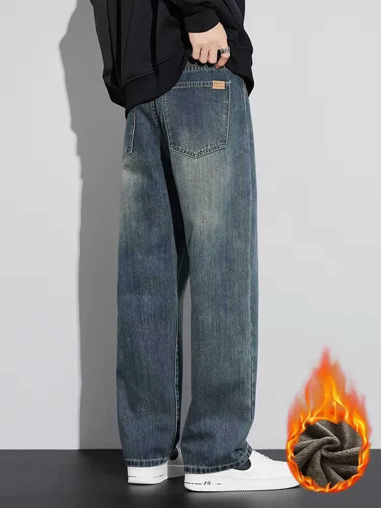 Winter New Men's Fleece Jeans Thickened Warm Fashion Korean Wide Leg Pants Baggy Straight Vintage Male Velvet Denim Trousers 6