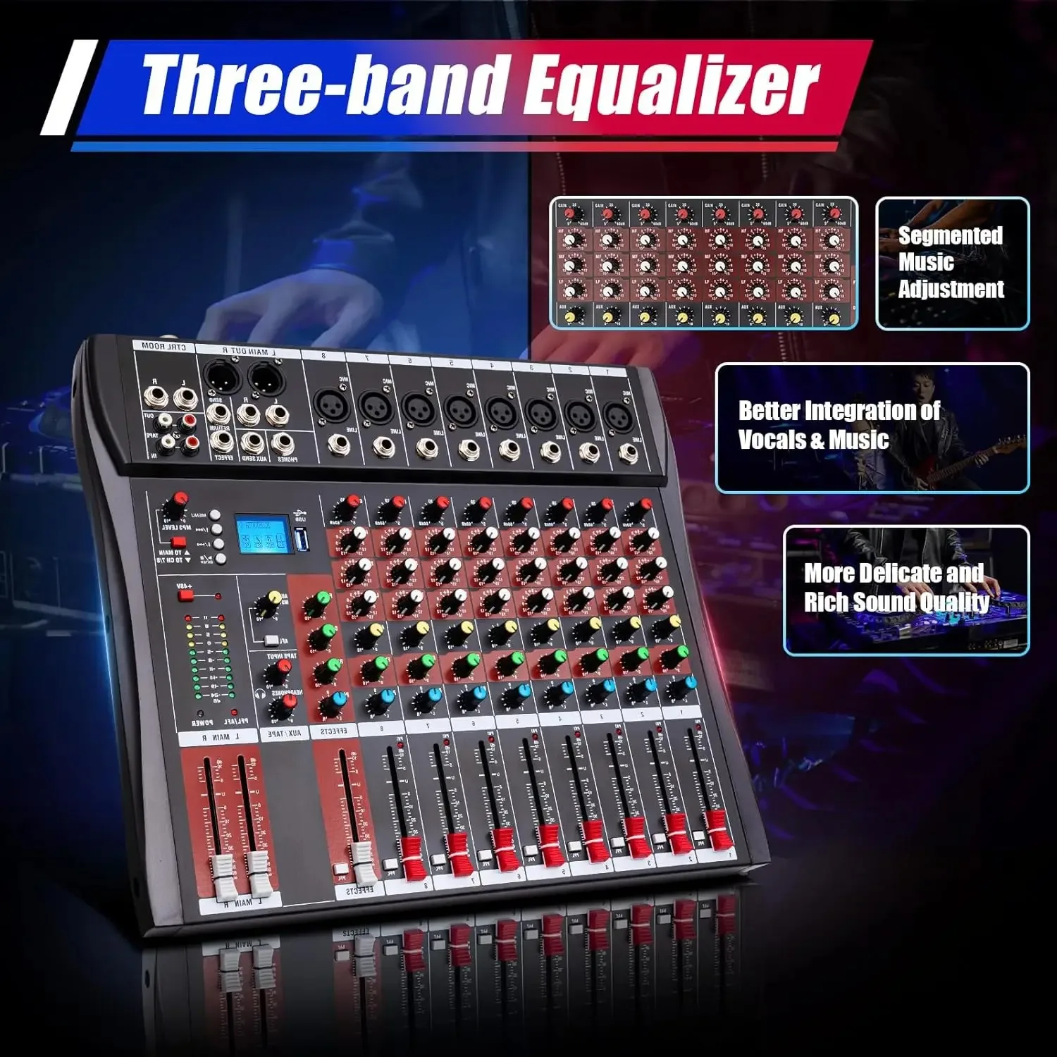 8 Channel Audio Mixer, Bluetooth USB Live Studio GDAE10 DJ Professional Mixing Console Power Amplifier Sound Board Desk System 3