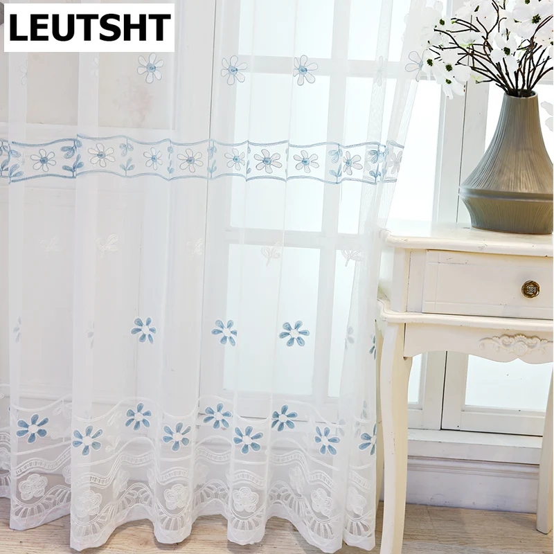 

Embroidered Curtain for Living Dining Room Bedroom Fresh Pastoral Window Balcony Tulle Fabric Blue Flower Tulle Window Screen