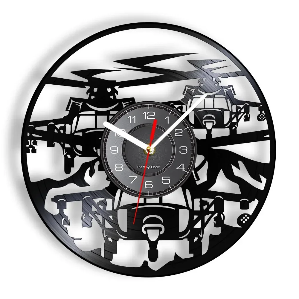 

Unmanned Vehicle Retro Vinyl Record Wall Clock Helicopters Music Album Model Plane Flying Drones Watches Home Teen Room Decor