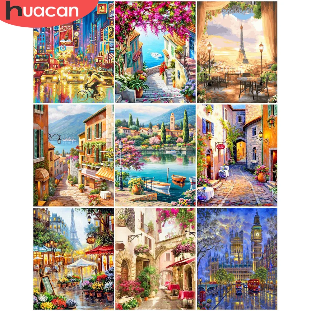 Painting by Numbers Kits HUACAN Landscape City Hand Paint Canvas Tower Flower Home Decoration DIY Gift