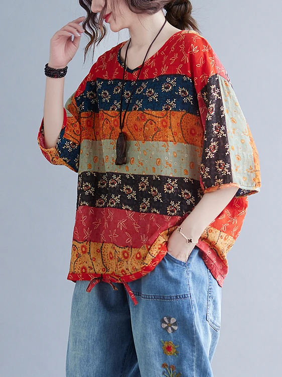 Casual Cotton Linen f Sve T-irt round Ne Loose Fit plus Size Women's Vintage Top Meat Concealing Slimming