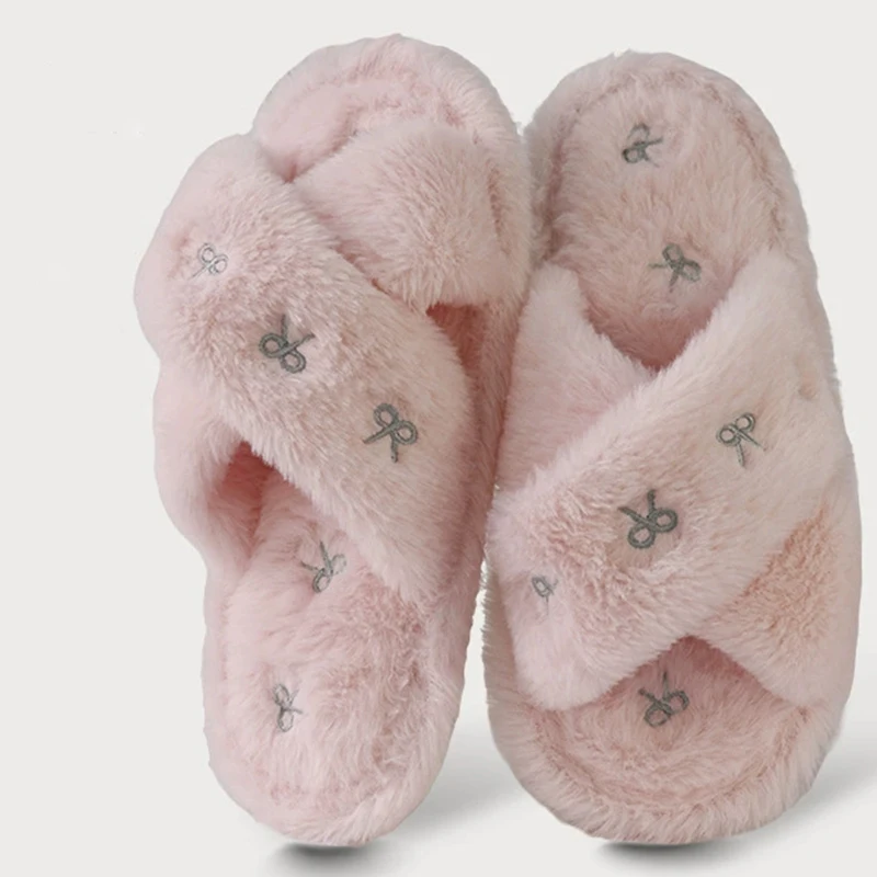 Bowknot Embroidery Plush Slippers Women Fashion Cross Strap Indoor Cotton Slides Woman Flat Heel Home Furry Slippers Mujer