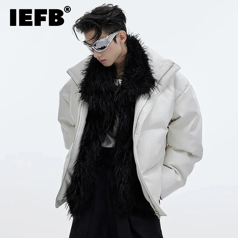 

IEFB Fake Two-piece Men's PU Leather Cotton Short Coat Niche Design Thickened Stand Collar Male Padded Jackets Winter New 9C4019