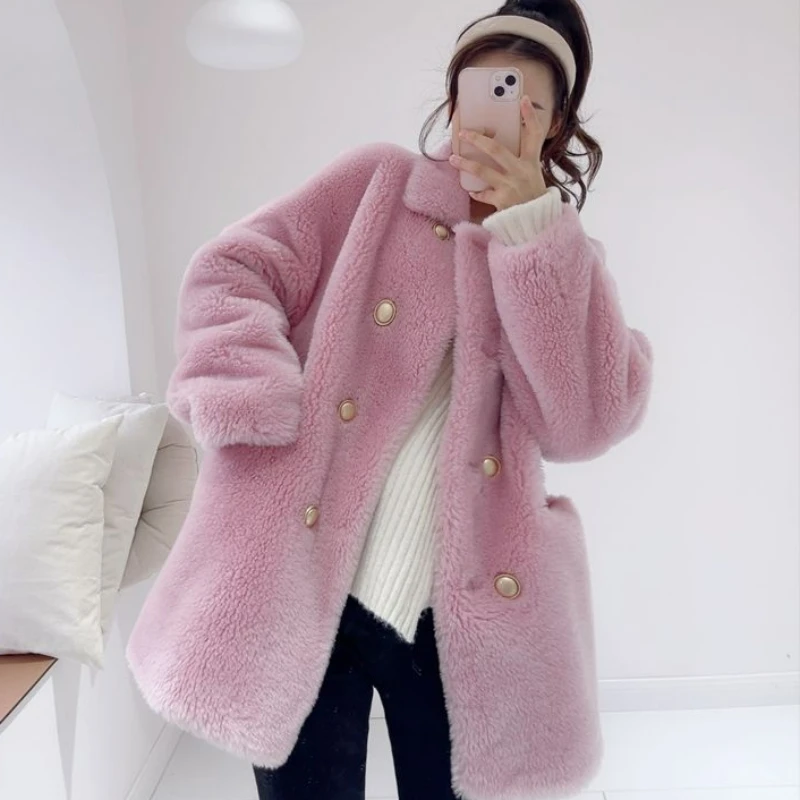 

2023 New Women Winter Autumn Winter Outwear Sheep Sheared Wool Fur Jacket Double Breasted Fur Coat Length Fleece Fur Overcoat