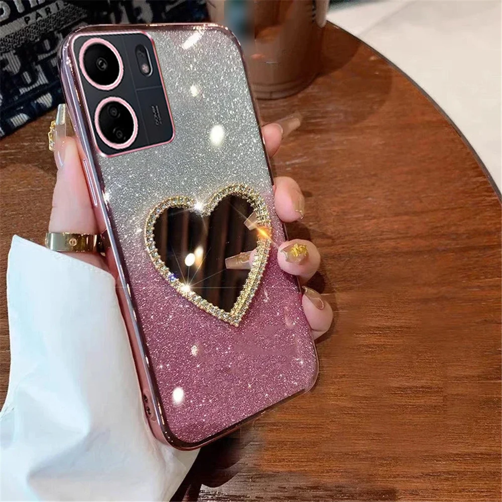 Love Heart Gradient Glitter Silicone Makeup Mirror Phone Case