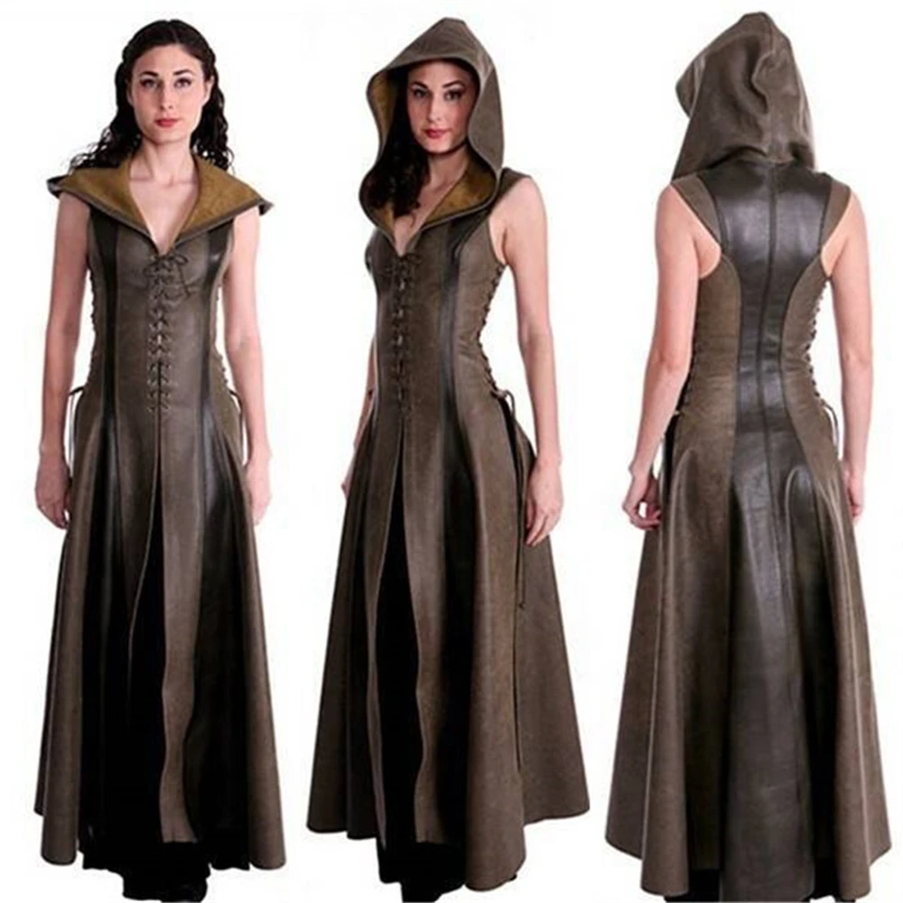 Medieval Cosplay Female Warrior Costume Hooded Slim Long Sleeveless Leather  Jacket Halloween - Cosplay Costumes - AliExpress