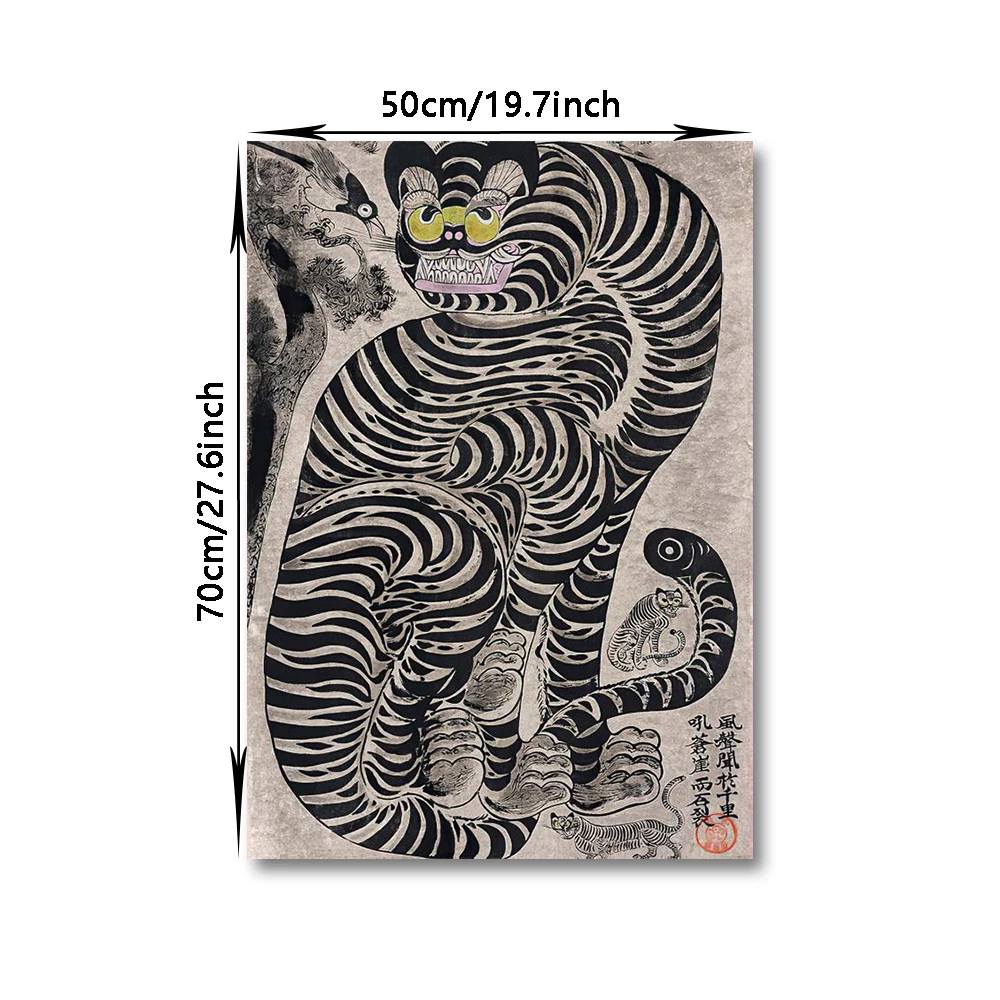 Japanese Tiger Cat Music Canvas Wall Art Print Poster Vintage Record Player Decorative Painting Home Room Decor Gift Unframed
