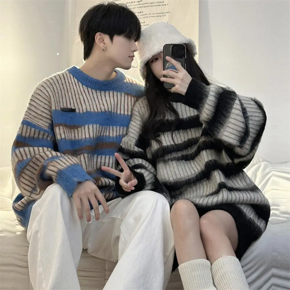 Unisex Sweater Cozy Unisex Striped Sweater Thick Winter Warmth for Couples Oversized Pullover Top for A Stylish Season Thick