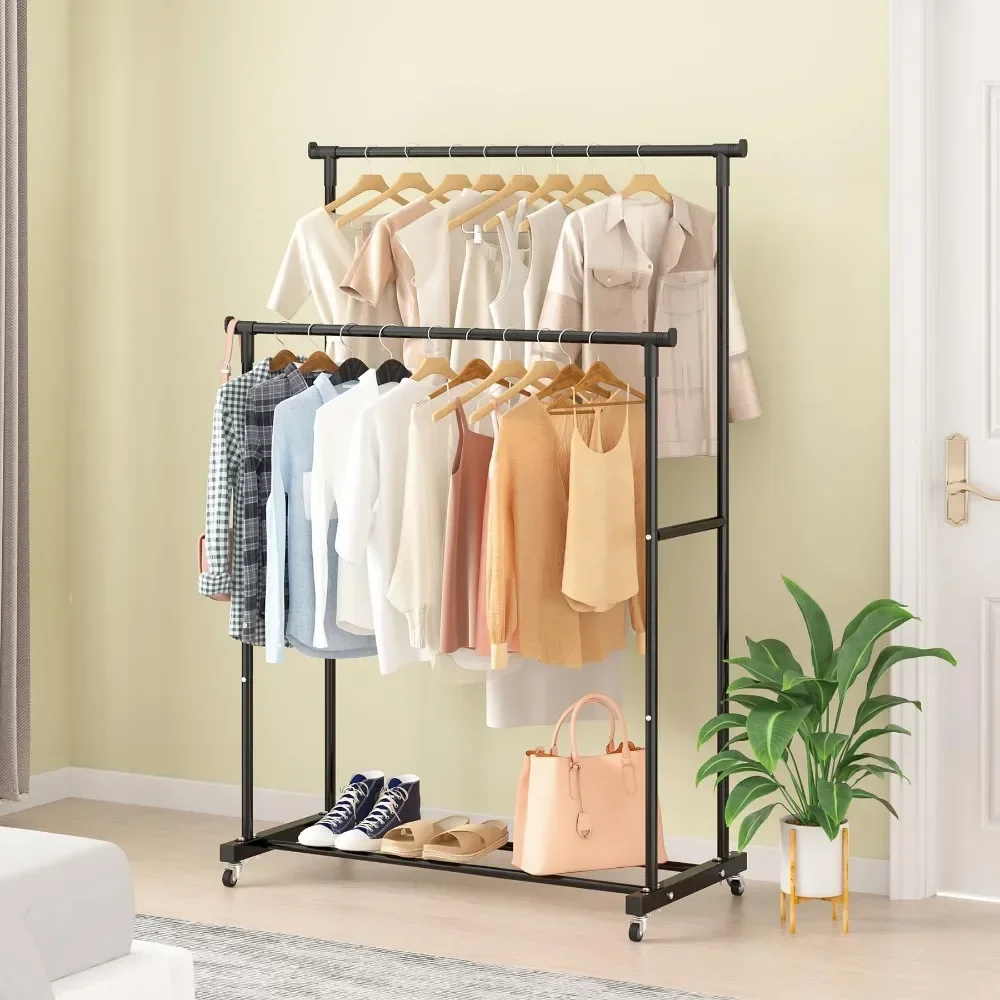 Coat Rack Clothes Shelf Rod Floor-Standing Hangers Storage Telescopic Double