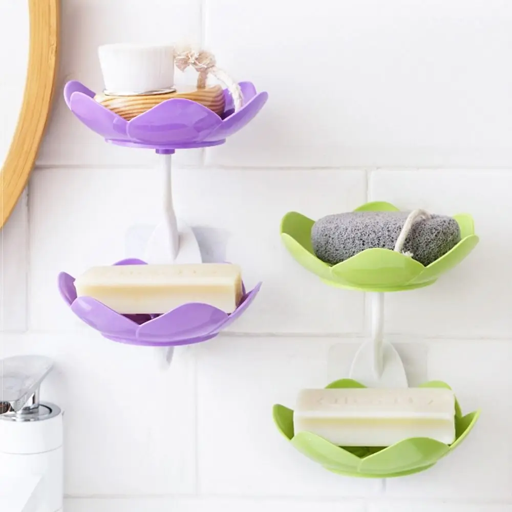 Double Layer Flowers Lotus Shape Draining Soap Dish Soap Box Plate Holder Portable Punch-free Soap Tray Bathroom Accessories 4