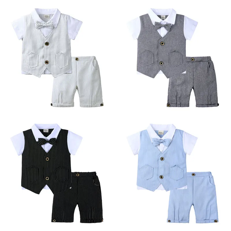 Gentleman Style Children Boys Clothes Summer Kids Suit Cotton Short Sleeve Bow Tops+Shorts Formal Baby Boy | Детская одежда и