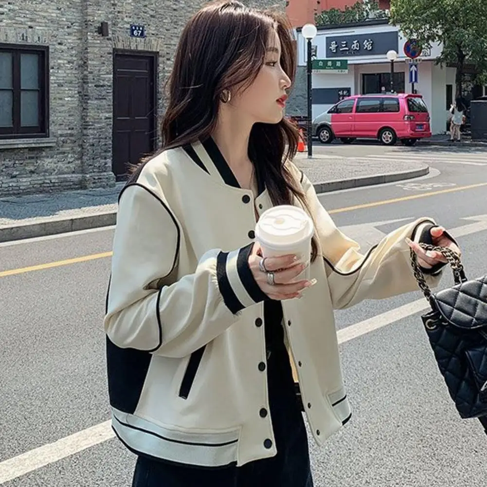 

Long-sleeved Coat Stylish Women's Color Matching Baseball Coats with Stand Collar Pockets Elastic Cuffs for Hip Hop Streetwear