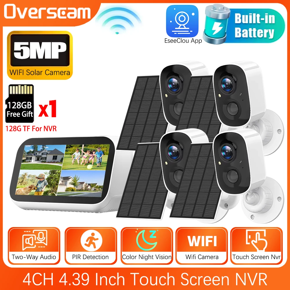 4채널 4.39인치 화면 NVR 5MP 무선 태양광 IP 카메라 시스템 키트 야외..