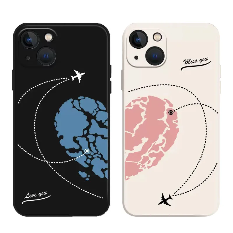 Aircraft Love Heart Couple Phone Case For iPhone 13 11 12 14 15 Pro Max Mini XS Max XR SE 14 Plus Plane Transparent Cover Fundas