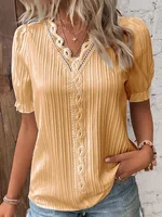 Women's Summer New Top Solid Sexy V-Neck Hollow Short Sleeve Shirt Fashion Splice Plus Size Blouse Loose Street Apparel - Image 4
