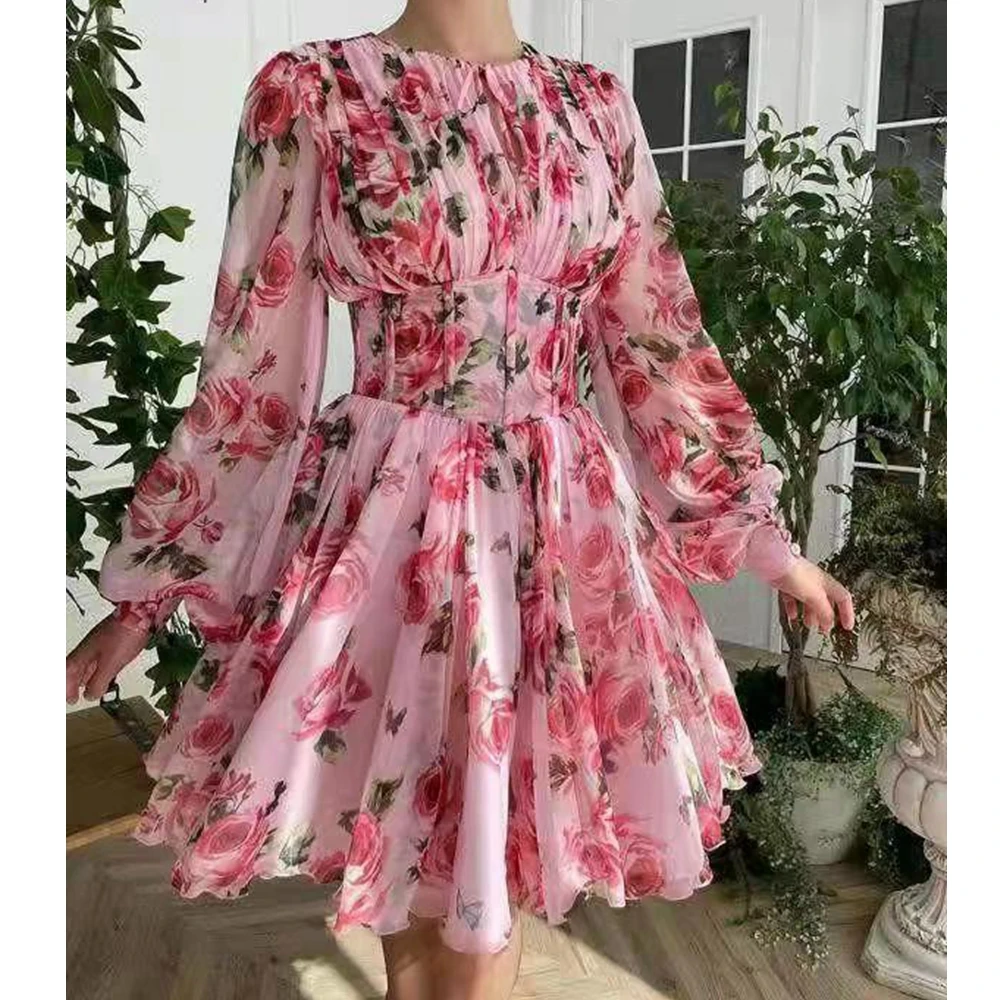 

Wepbel Chiffon Round Neck A-line Dress Slim Fits Cute A-line Dress Casual Urban Women's Girdling Long Sleeve Big Swing Dress