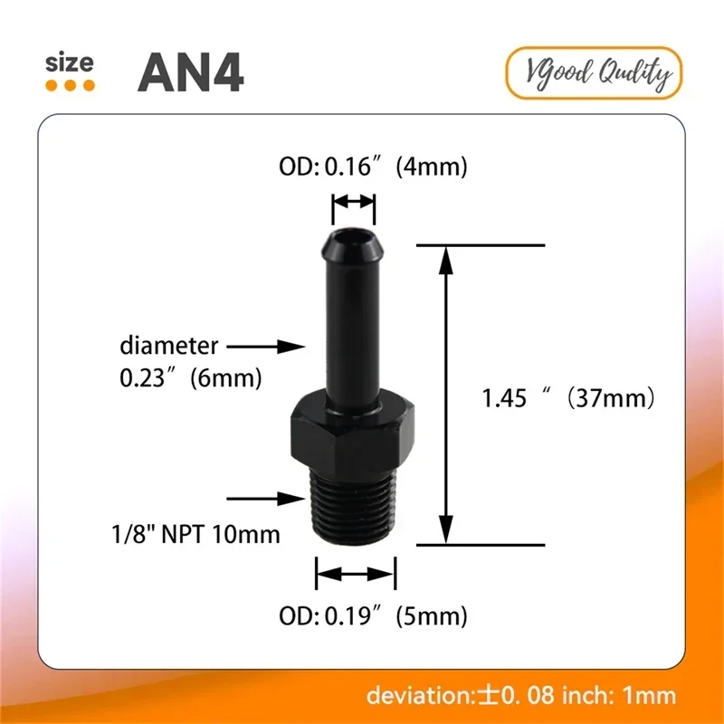 2PCS 1/8 NPT Male to AN4 Hose Barb Straight Aluminum Adapter Fitting Black