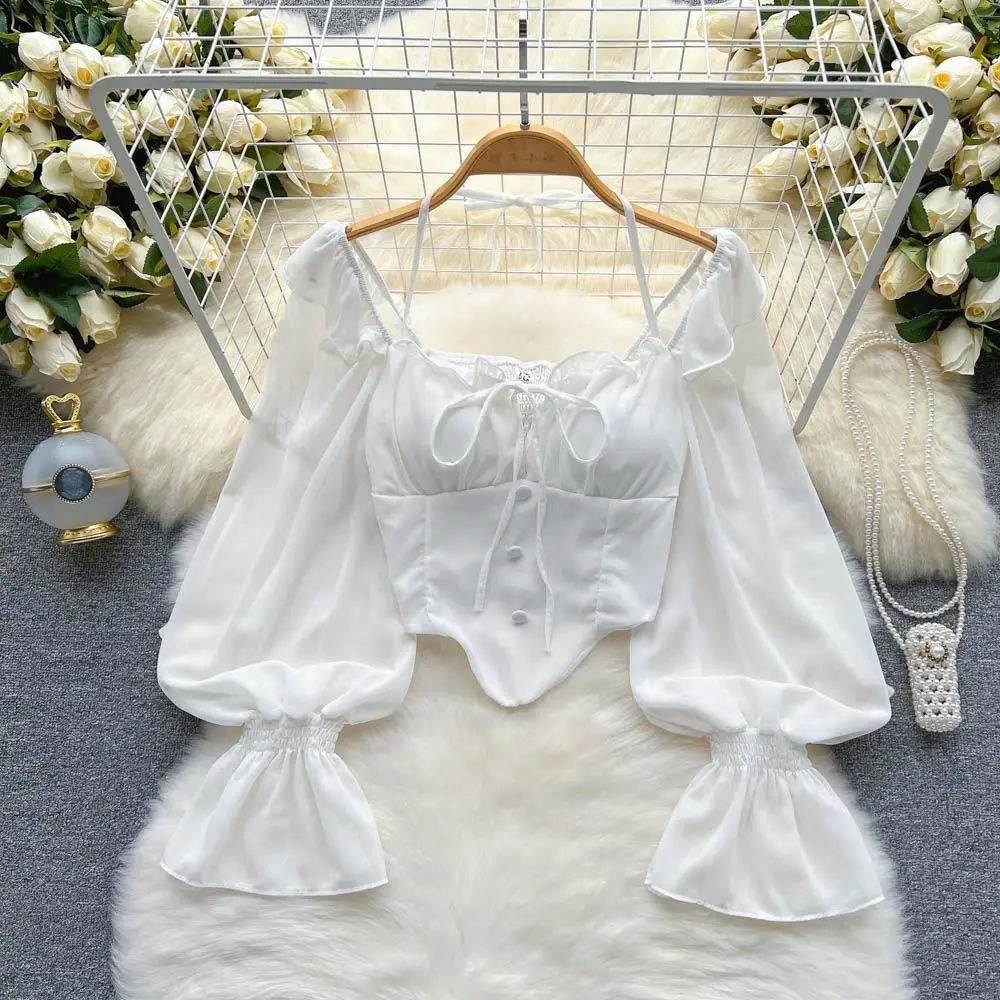 White Blouses Women Aesthetic Solid All-match Vintage Casual Ladies Tops Slim Schoolgirls Spring Bandage Lantern Sleeve Clothing