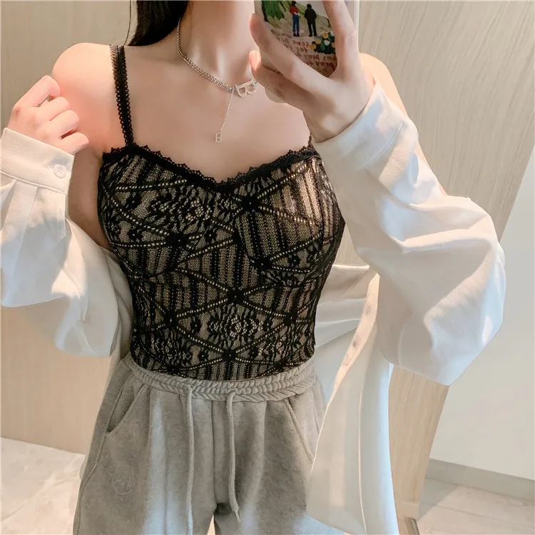 French Lace Suspender Vest Female with Chest Pad Inside Match Outside