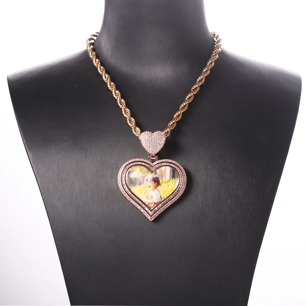 Custom Photo Pendant Heart-shaped Medal Pendant Necklace Iced Cubic Zirconia Pendant Hip Hop Fashion Jewelry For Men