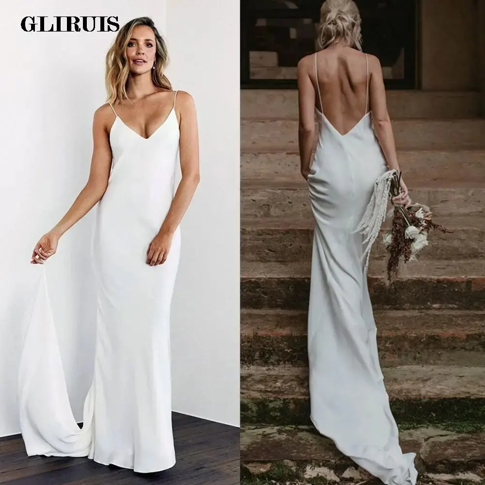 

Simple Boho Wedding Dresses Sexy Backleess 2022 Mermaid Spaghetti Strap Satin Chiffon Bridal Gowns V-neck Beach Vestido De Noiva