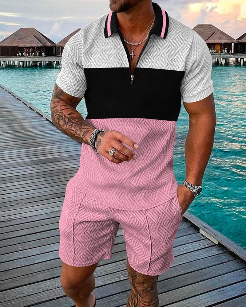 Men's Polo Suit Summer New Fashion Men Sets Printed Short Sleeve Zipper Polo Shirt&Shorts Set for Men 2-piece Casual Streetwear