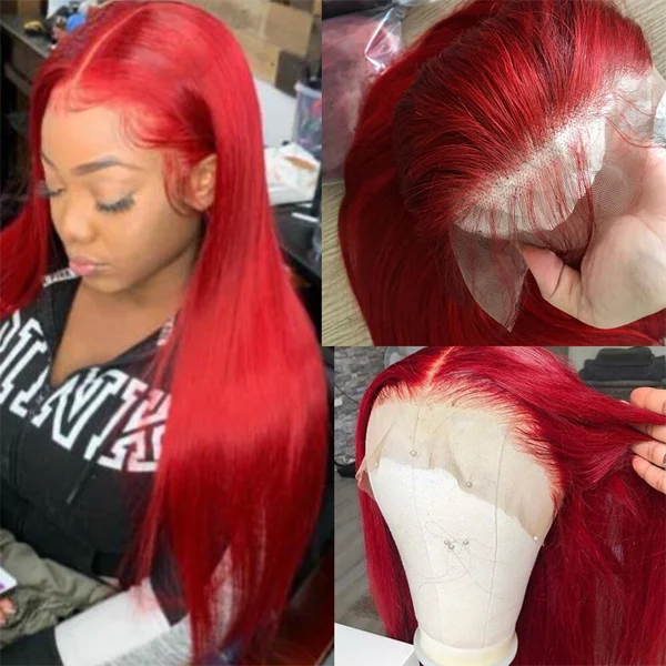 Red Straight 13x4 Brazilian Hair Lace Front Wig 250 Density Human Hair Wigs Red Pre Plucked Human Wigs 13x6 HD Lace Front