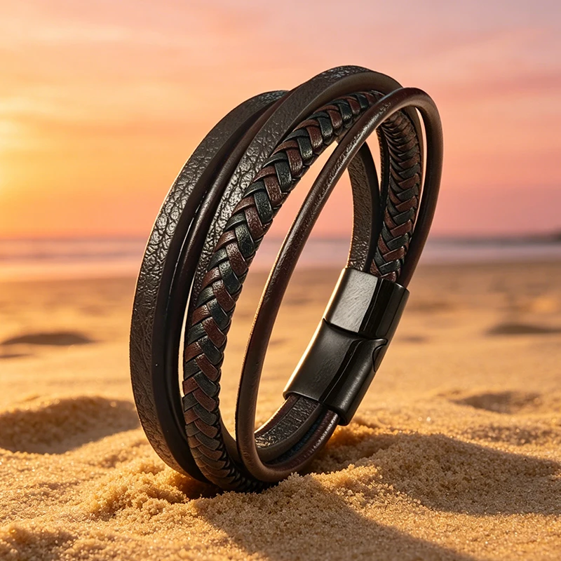 Vintage Herren Lederarmband Braun Geflochten Mehrschichtig Edelstahl-Verschluss Lässiges Armband Schmuck Geschenk für Freund