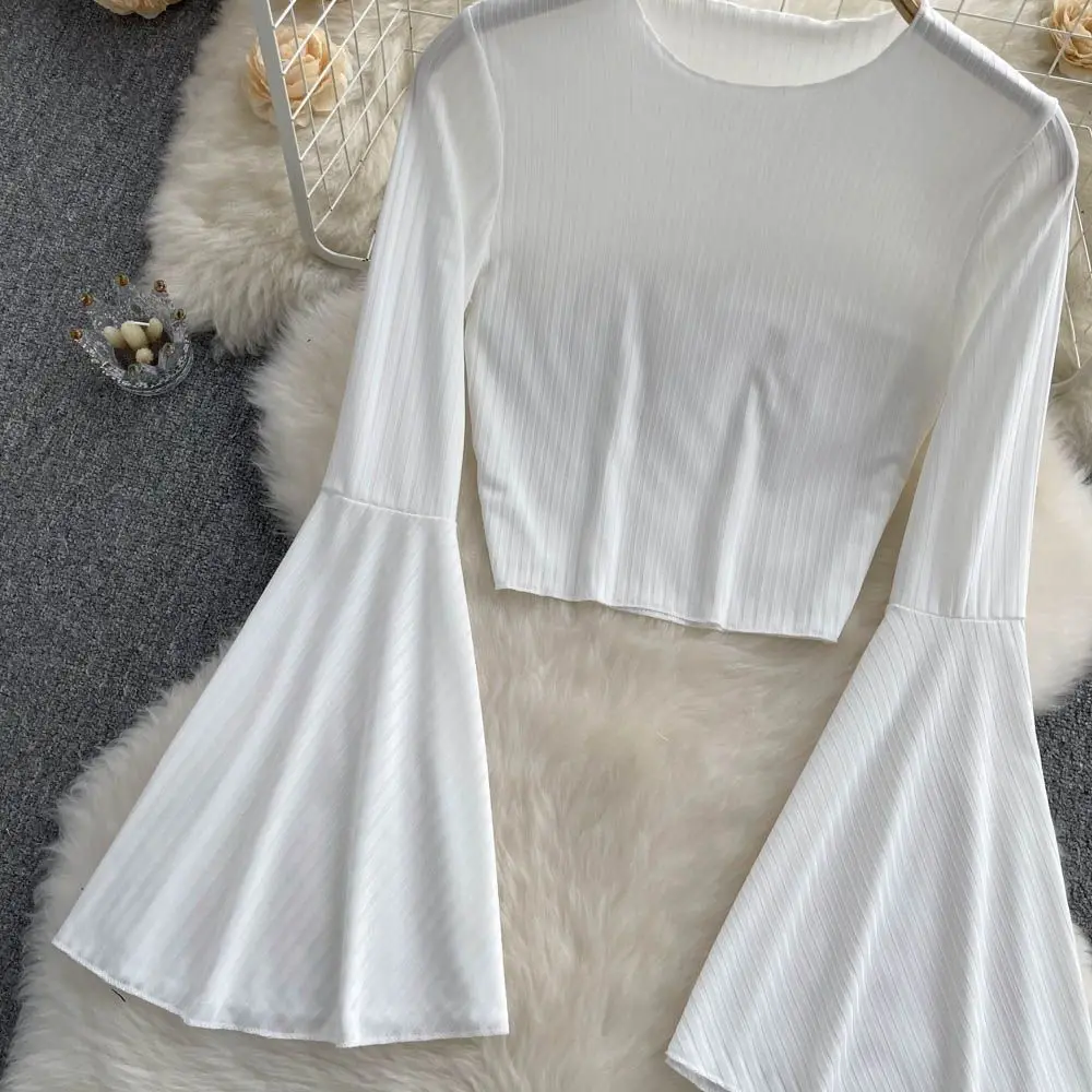 Hotsweet Elegance Casual Fashion Flared Sleeve Long Sleeve Crop Top Slim T-shirt And Blouses Autumn Y2k Clothes For Woman Basics