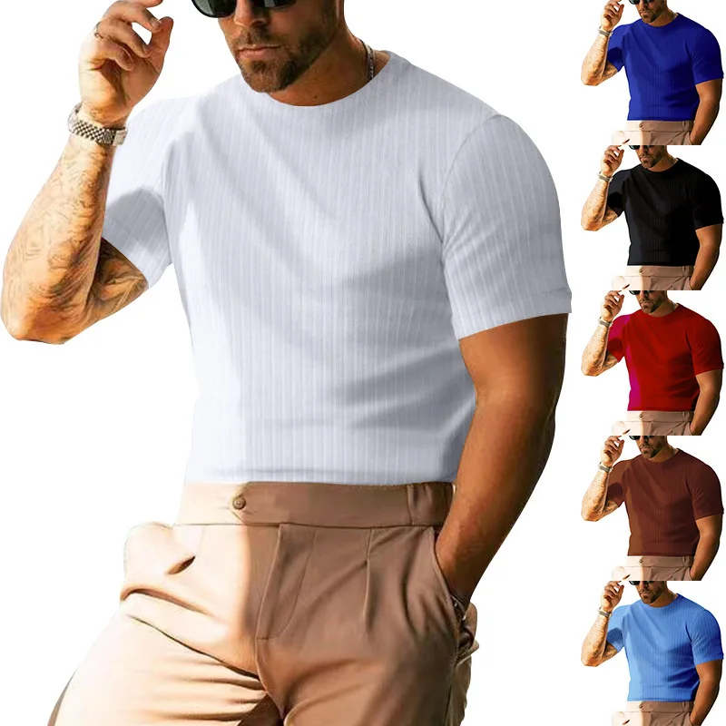 

Men's Summer Short Sleeve Solid Color Casual Loose Vertical Stripes round NeckTT-shirt Short Sleeve Wholesale