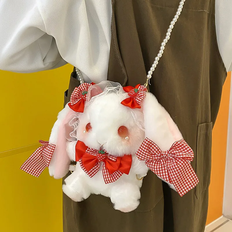 

Cute Strawberry Big Ear Rabbit Bead Chain Crossbody Bag Kuromi Cartoon Shoulder Bag Girly Heart Doll Plush Bag