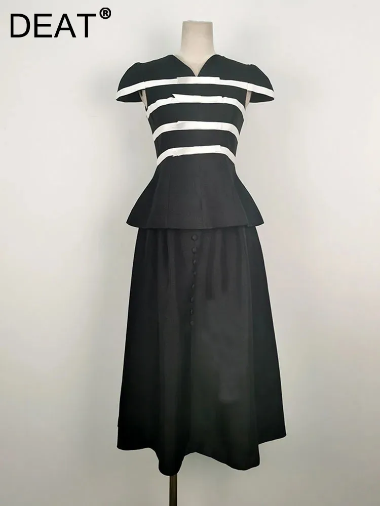 

DEAT Women's 2 Pcs Set 2024 New Bow Contrast Color V-neck Short Sleeve Line Waist Tops Loose Skirt Suit Female Fashion 13DB3100