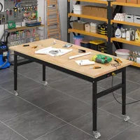 60" Adjustable Work Bench, Rubber Wood Top Workbench Heavy-Duty Work Table with Power Outlet with Wheels, 2000 LBS Load Capacity 1