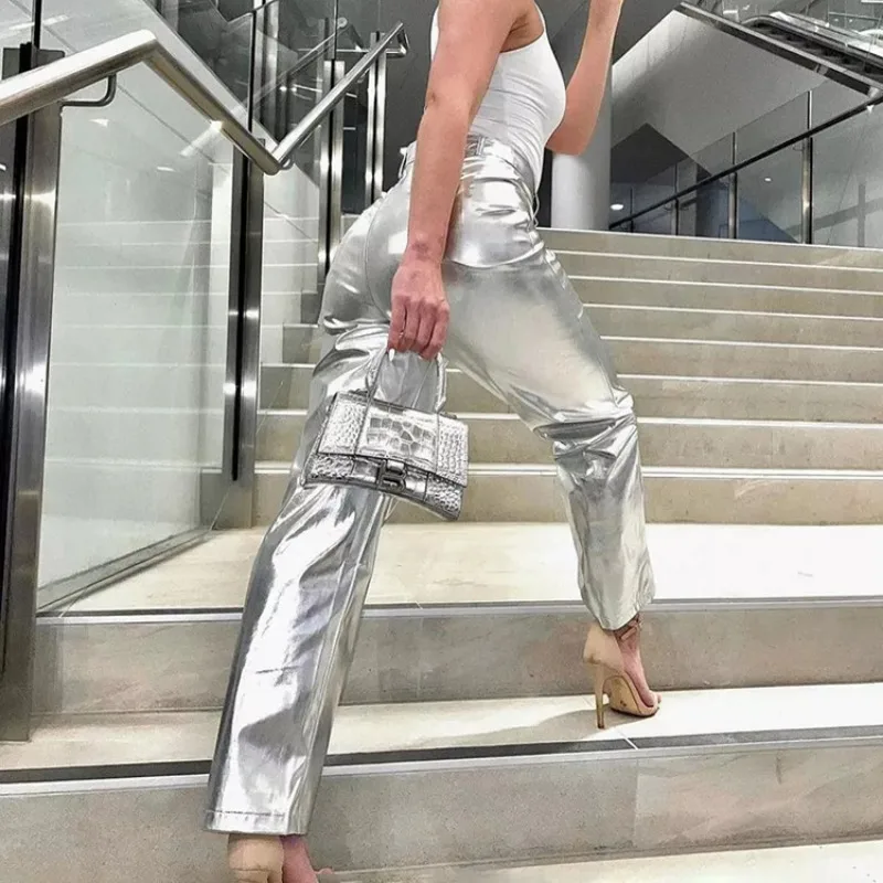 Pantalones de PU plateados para mujer, moda 2025, cintura alta, sueltos, pierna ancha, ropa de fiesta para chicas, ropa de calle, pantalones largos para mujer, otoño