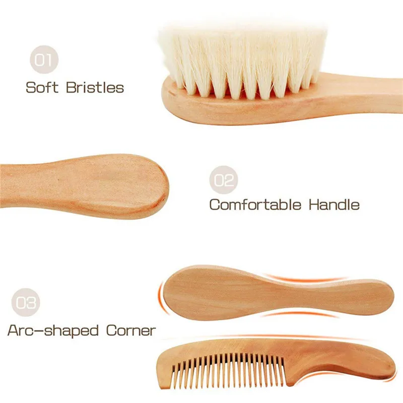 Hair Comb Set 2Pcs/Set Beech Comb Wool Brush Flat Comb Portable Baby Shampoo Brush Wool Soft