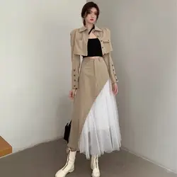 Korea Womens Blazer Suits Sets Short Jacket Blazer Midi Skirts Sets Spring Office Ladies High Waist Tulle Long Skirt