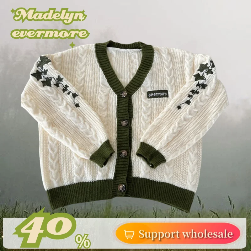 Evermore 여성용 레터 니트 가디건, 루즈 그린 자수 스웨터, Mujer 패션, 꽃 니트웨어, Y2k 탑, 가을, 겨울, 신상 