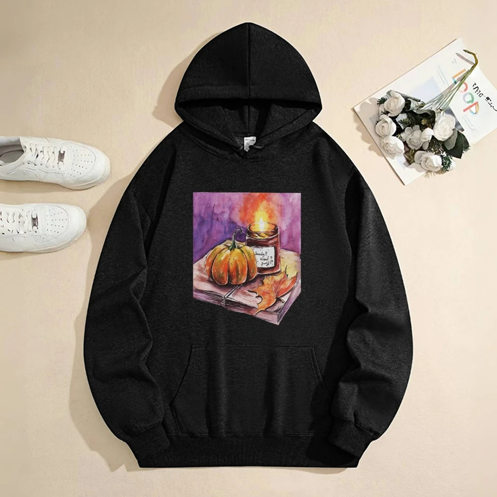 Autumn Winter Hoodie Fashion Casual Washed Black Hoodie Decorated With Cartoon Colorful Numpkin Illustration Trendy Streetwear