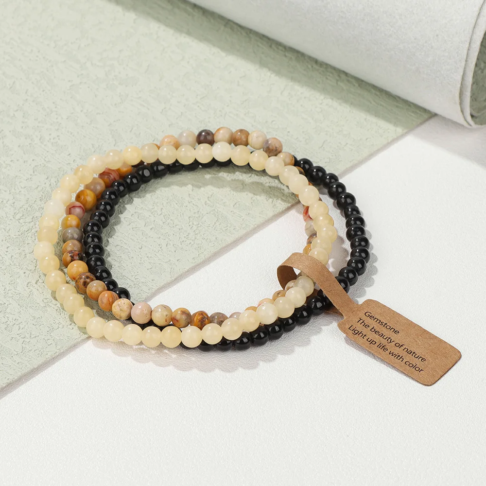 Natural Green Stone Bracelet 3Pcs/set 4mm Moss Agates Black Onyx Cat Eye Beads Elastic Bracelets For Women Men Simple Jewelry