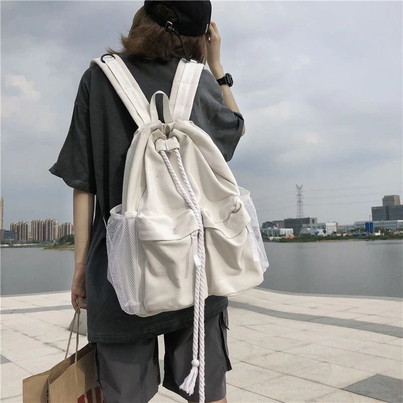 Fashion Canvas Backpack Women Drawstring Large Capacity Backpack For Travel Simple Style New Travel Backpack Shoulder Bags