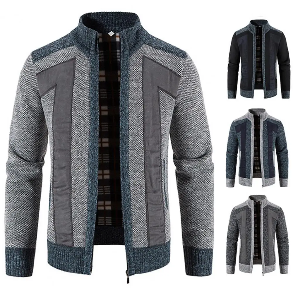 

Winter Coat Knit Plush Contrast Colors Patchwork Thicken Long Sleeves Plus Size Stand Collar Plush Warm Autumn Winter Clothes