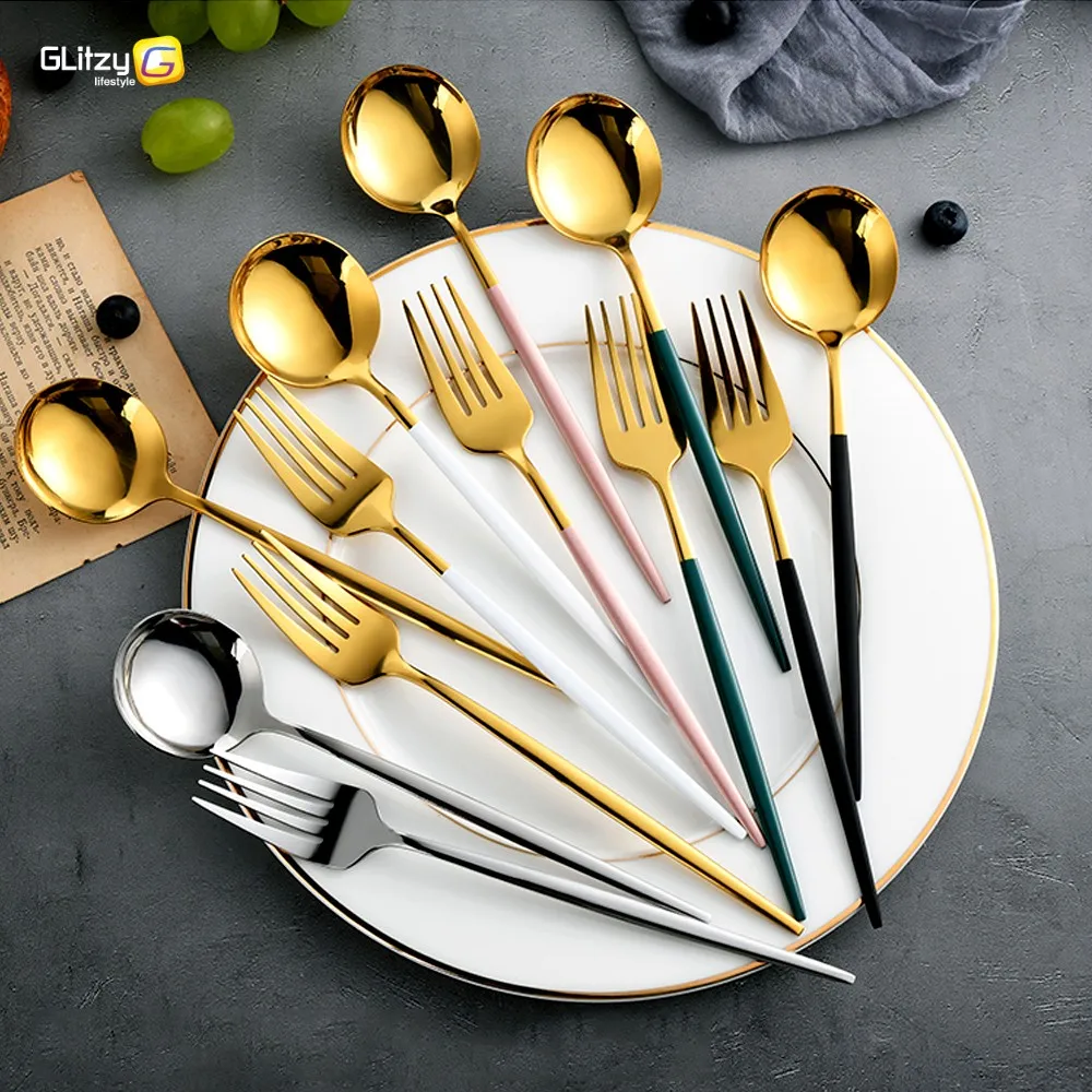 

4-24Pcs Silverware Set Tableware Eating Utensils Kitchen Dinnerware Cutlery Set for Home Restaurant Steak Knife Fork Cake Coffee