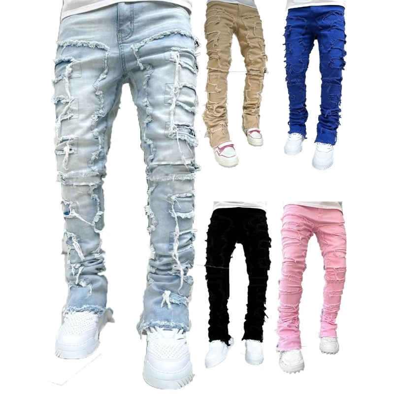 

Men's Distressed Ripped Patches Jeans Straight Leg Fit Elastic Denims Pants Hiphop Stretchy Jean Trousers Gifts