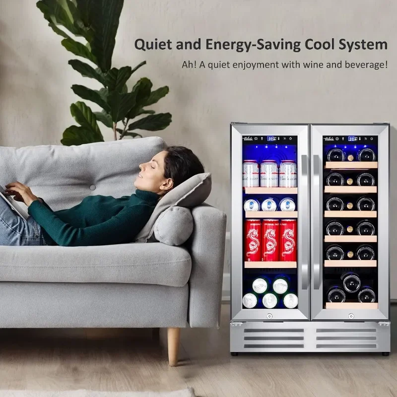 Wine and Beverage Refrigerator, 24 Inch Dual Zone Fridge with Glass Door, Built-In Cooler with Powerful